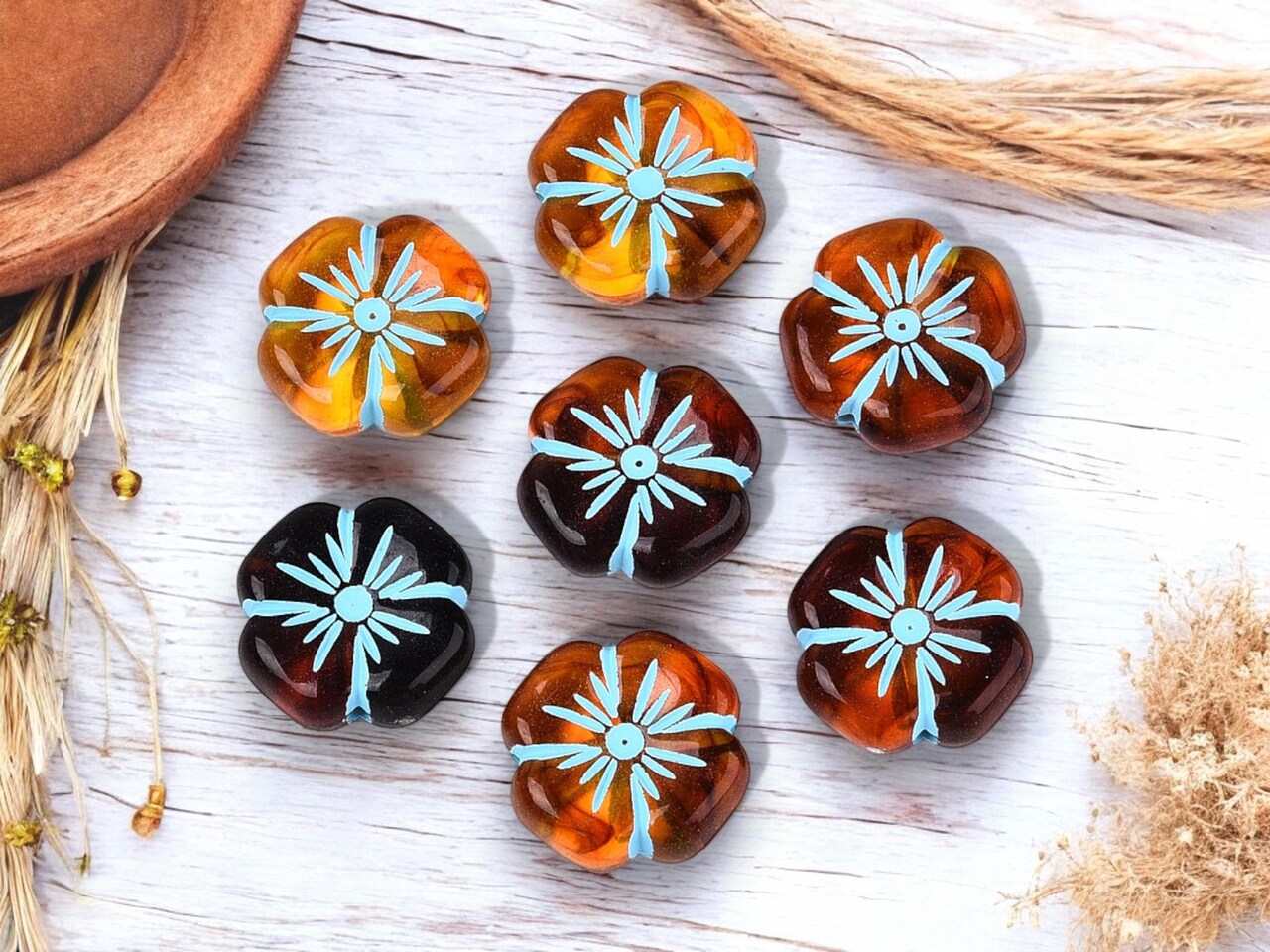 *4* 20mm Turquoise Washed Amber Hawaiian Flower Acrylic Beads
